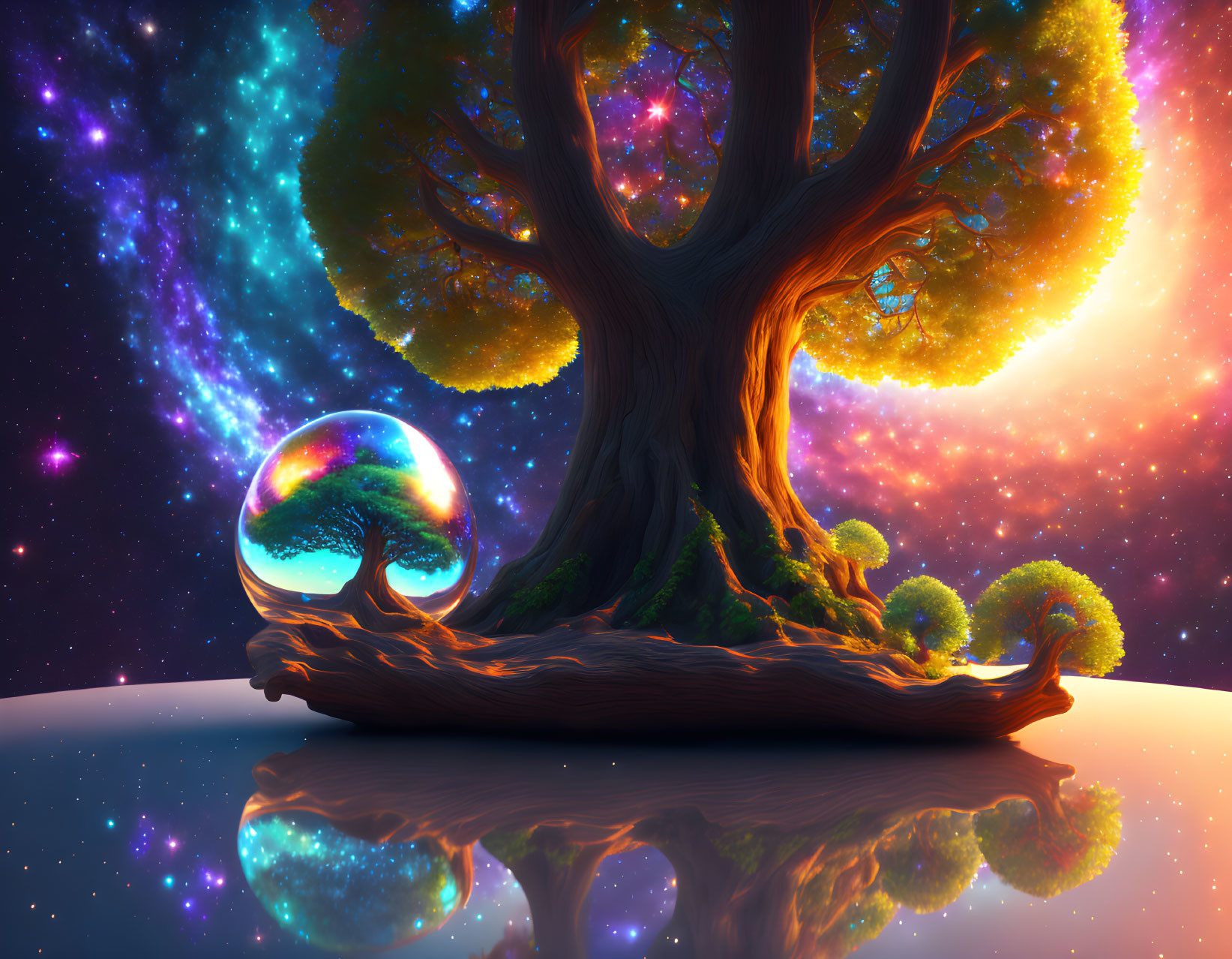 Colorful Cosmic Landscape with Vibrant Tree and Crystal Ball