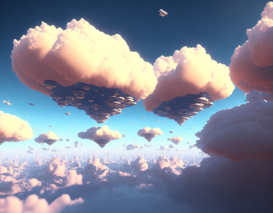 Floating islands in surreal sky with glowing warm light and lone airship