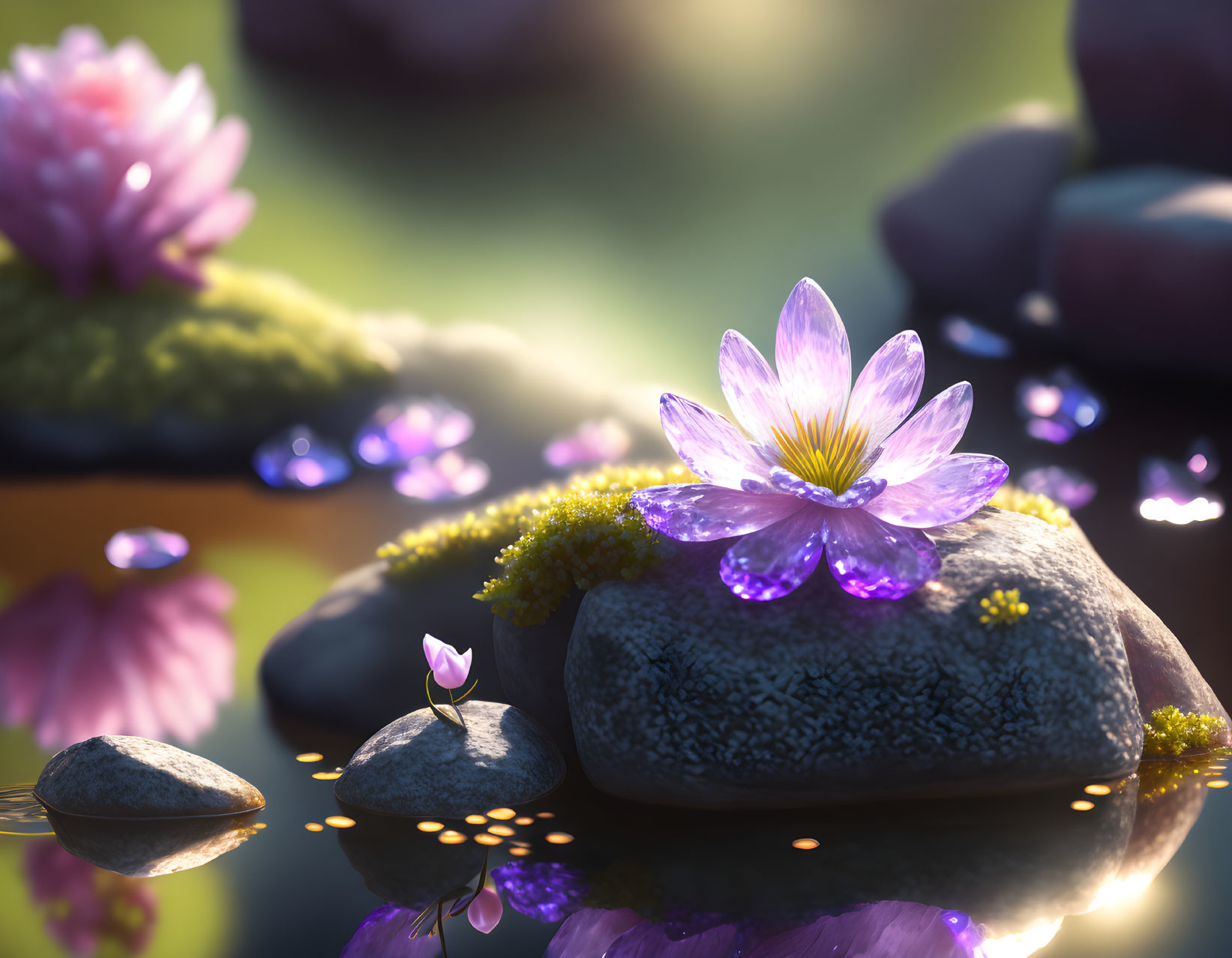 Purple Water Lily on Moss-Covered Rock by Serene Pond