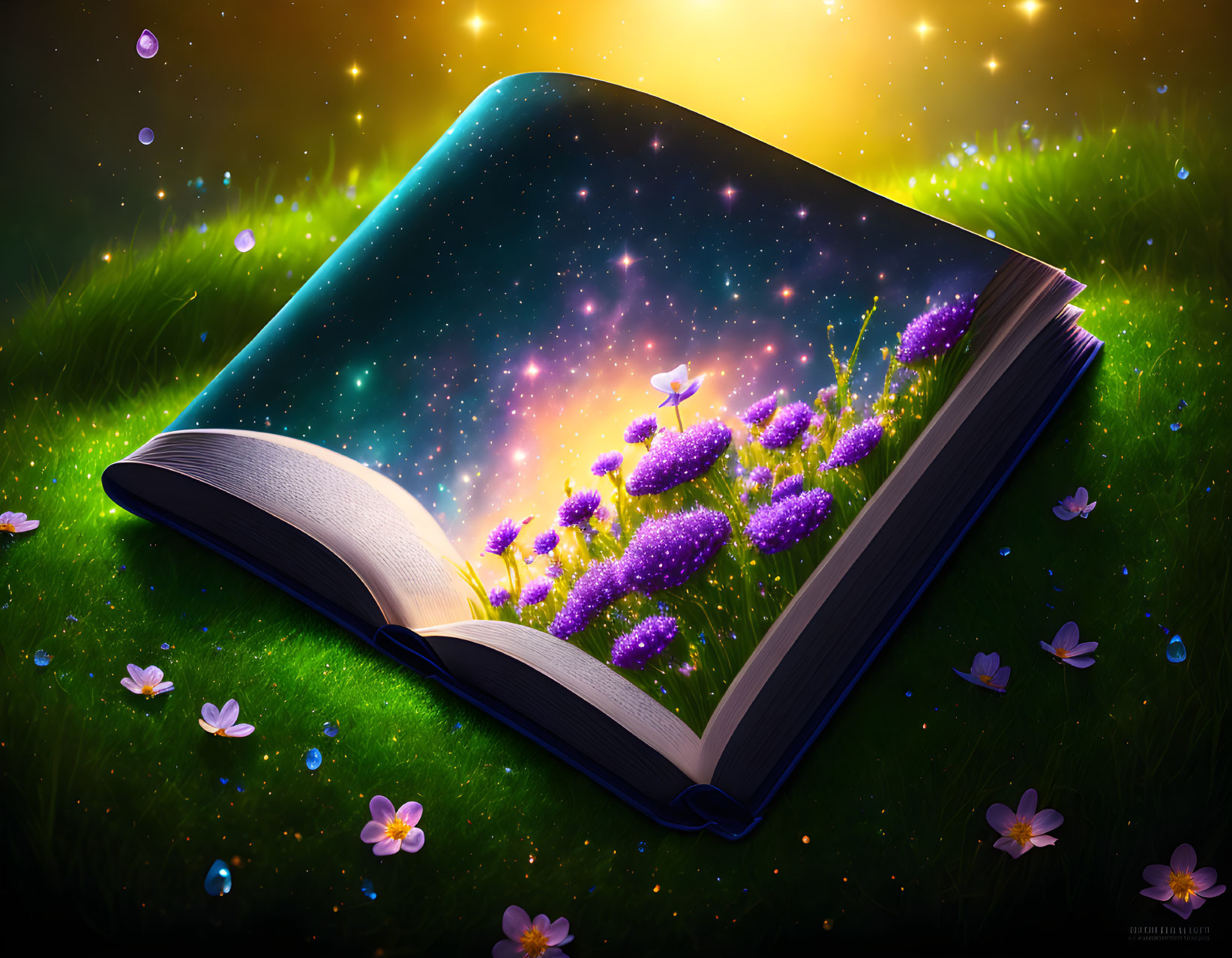 Open book on grass with pages turning into starry night sky, magical flowers, butterflies - enchanting