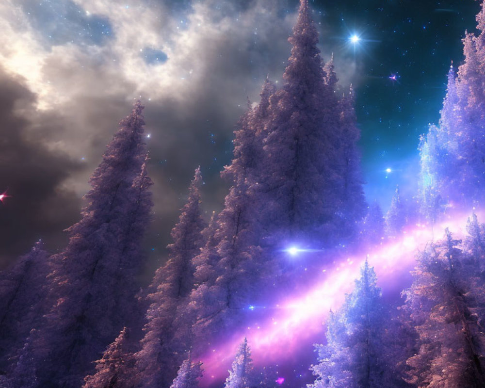 Surreal evergreen trees under starry night sky with vibrant galactic swirl