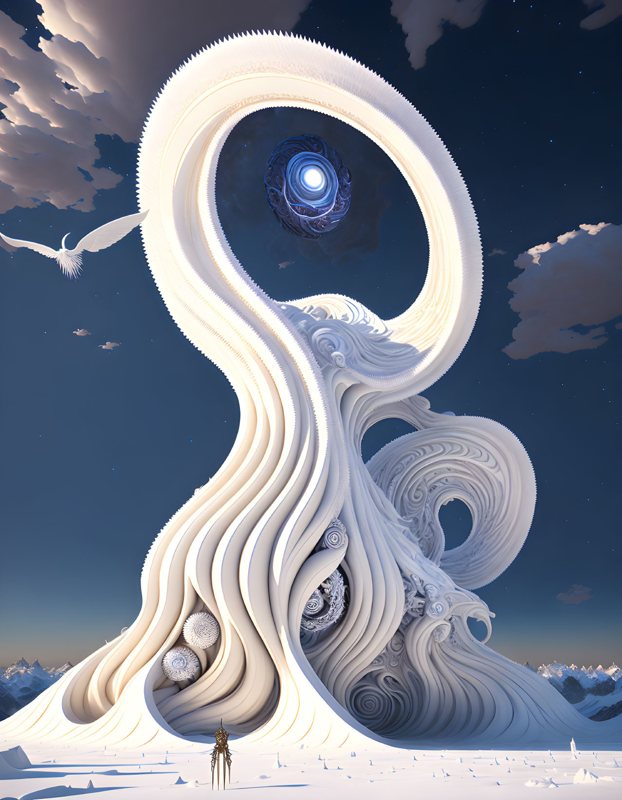 Enormous white spiraling structure in surreal landscape