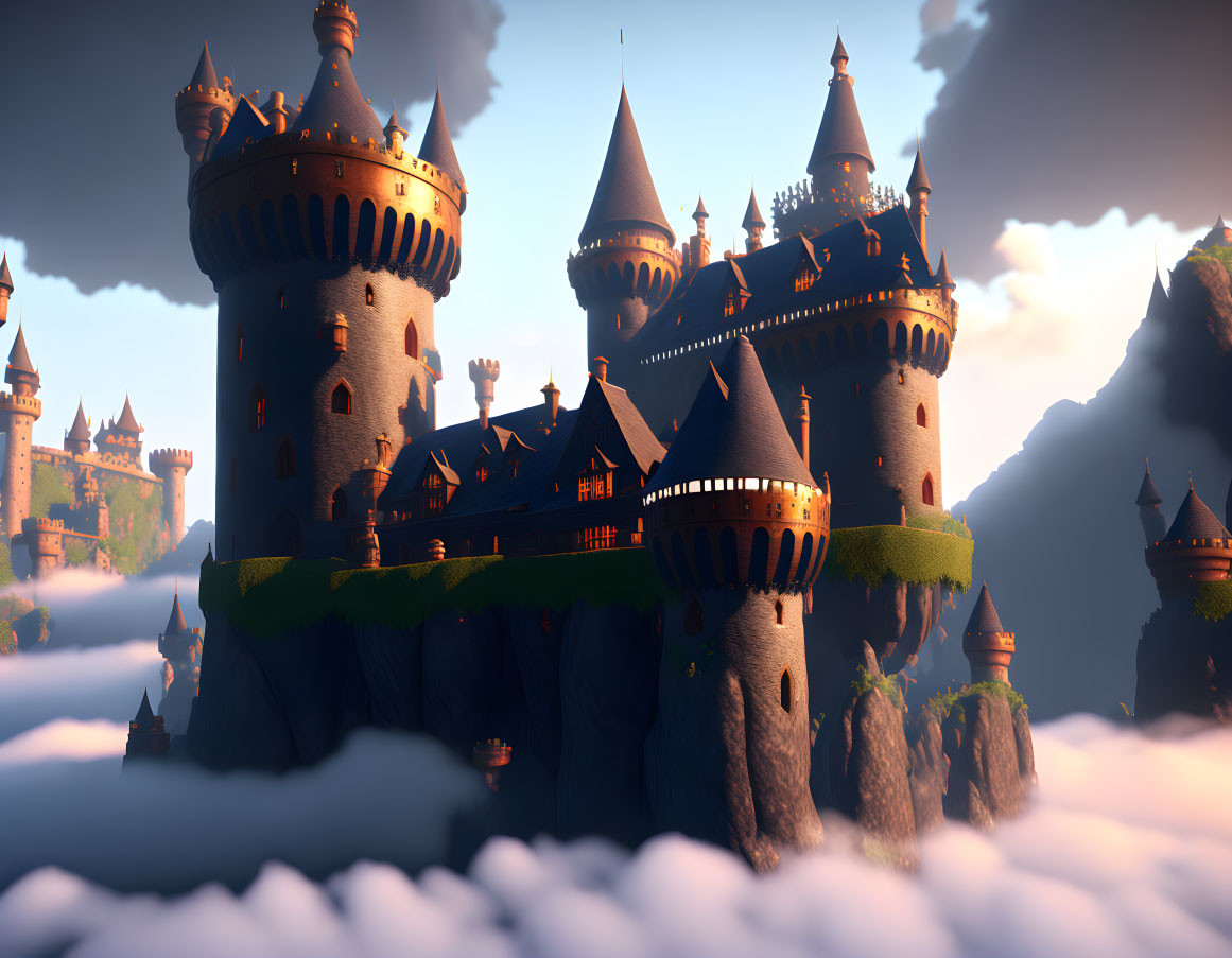 Castle on Floating Island at Golden Sunset