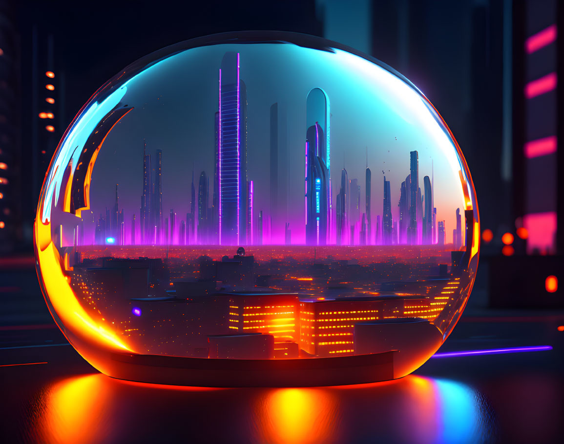 Transparent Sphere Showcasing Futuristic Neon Cityscape