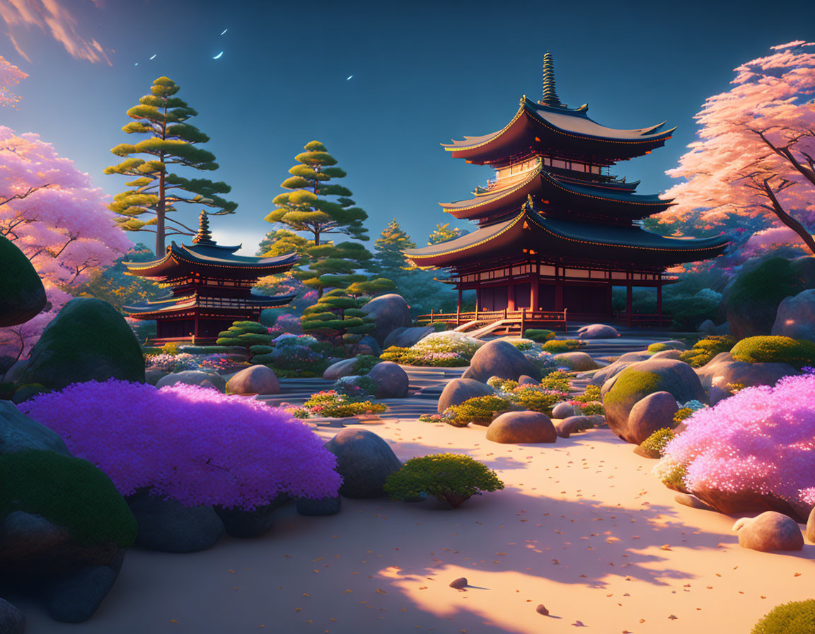 Japanese garden at twilight with colorful flora, pagodas, and pebbled pathways