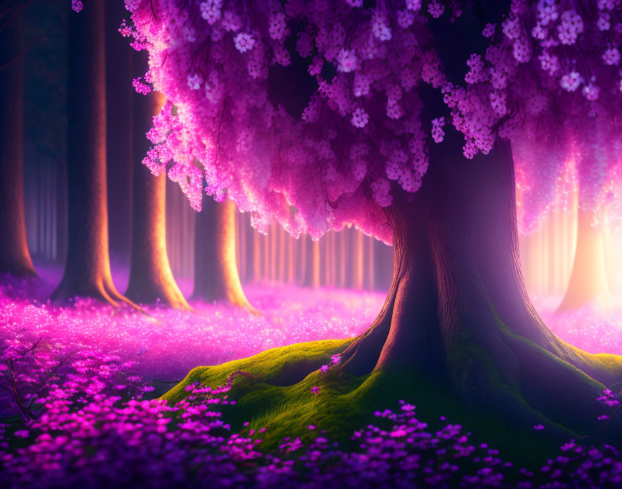 Enchanting forest with pink cherry blossoms, purple flowers, and ethereal light beams