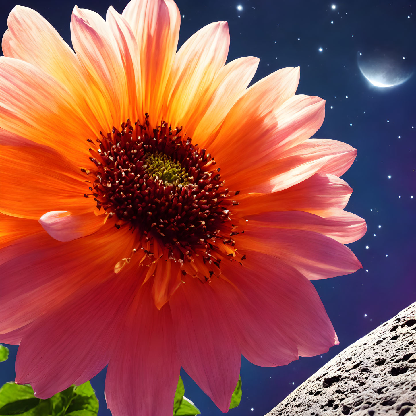 Orange flower with dark center on night sky with stars, crescent moon, and cratered celestial body