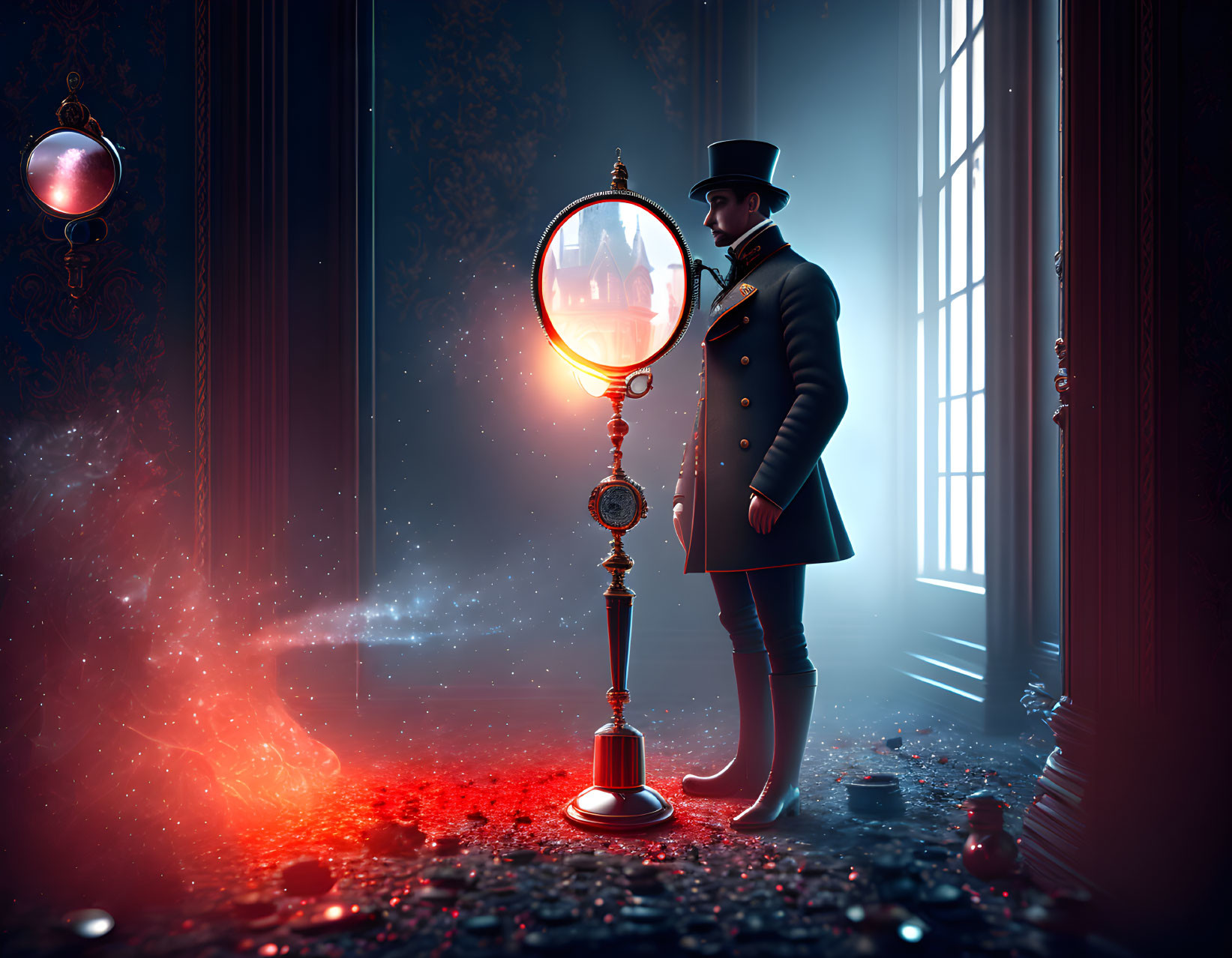 Victorian gentleman by glowing mirror portal in rose petal-scattered room with distant castle view