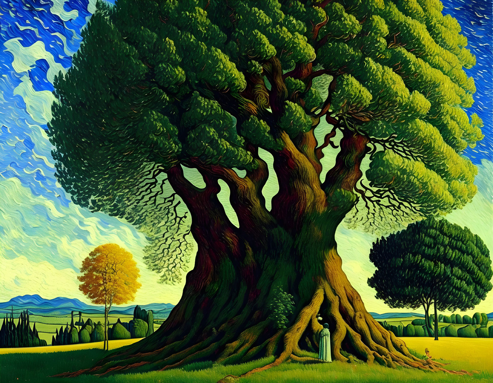 Large stylized painting: intricate tree, lush canopy, rolling green landscape, smaller trees, blue sky