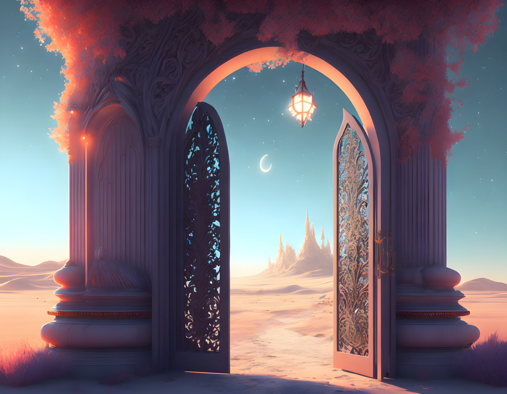 Ornate open door in desert frames distant castle under twilight sky