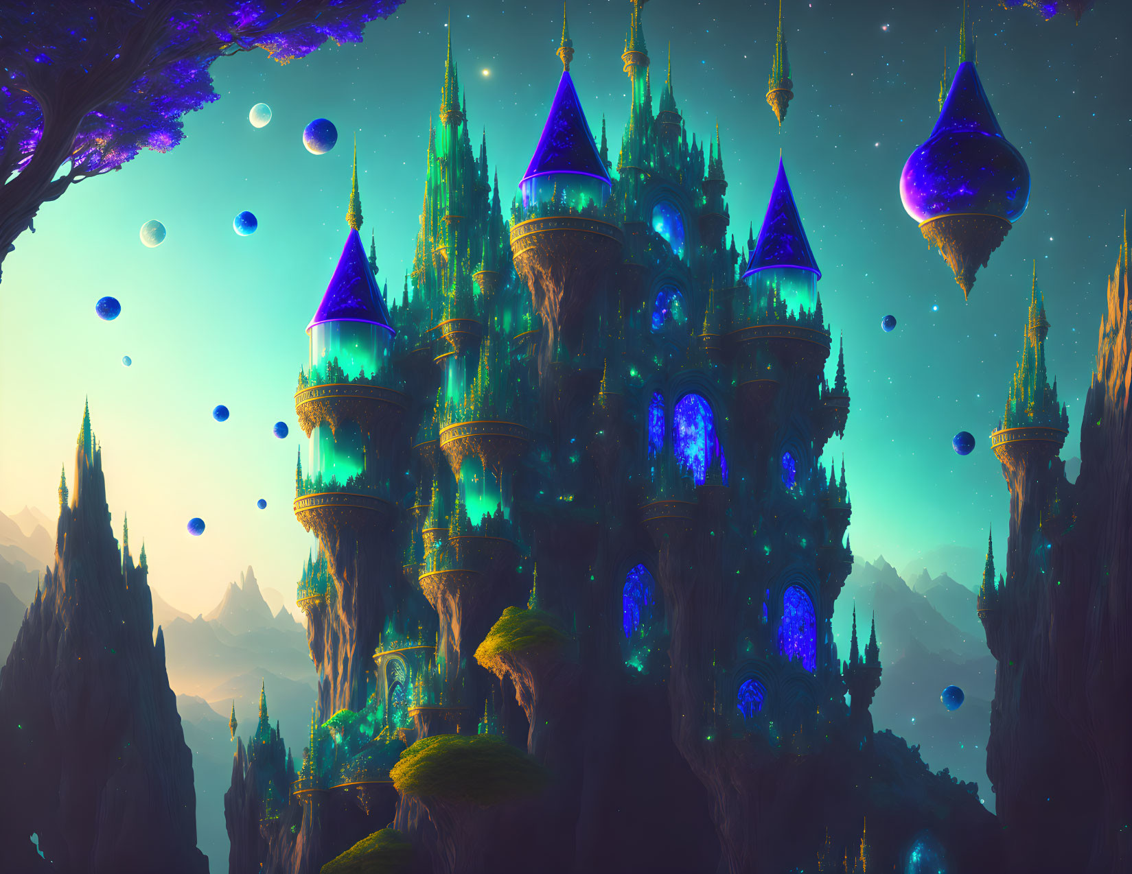 Fantastical Castle with Glowing Blue and Purple Spires on Floating Islands