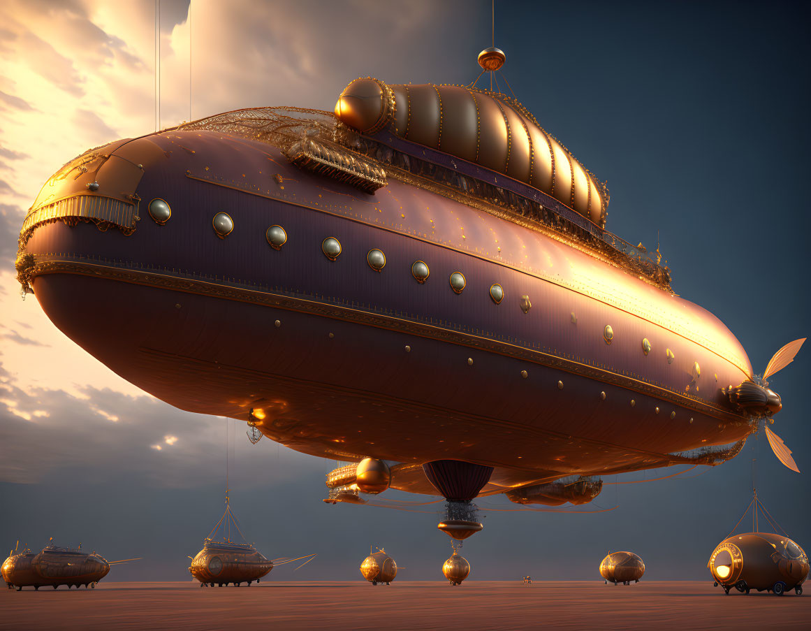 Golden airships fleet with intricate flagship in dusk sky