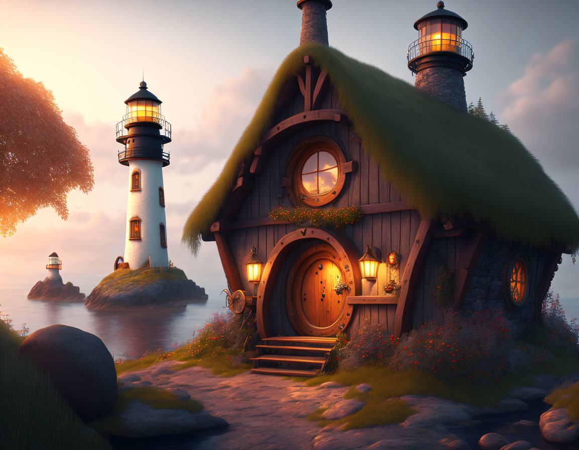 Thatched Roof Cottage by Lighthouse at Sunset