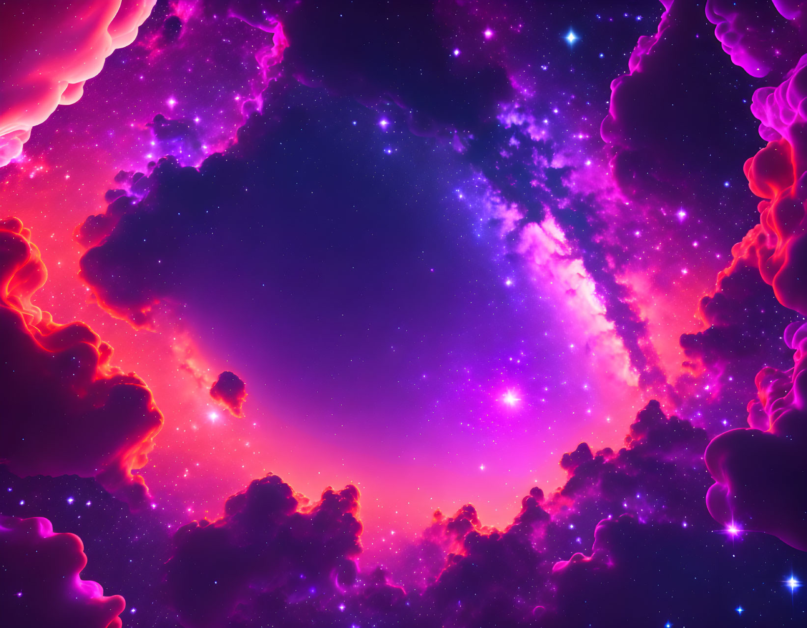 Colorful cosmic scene with purple and pink nebulae and glittering stars.