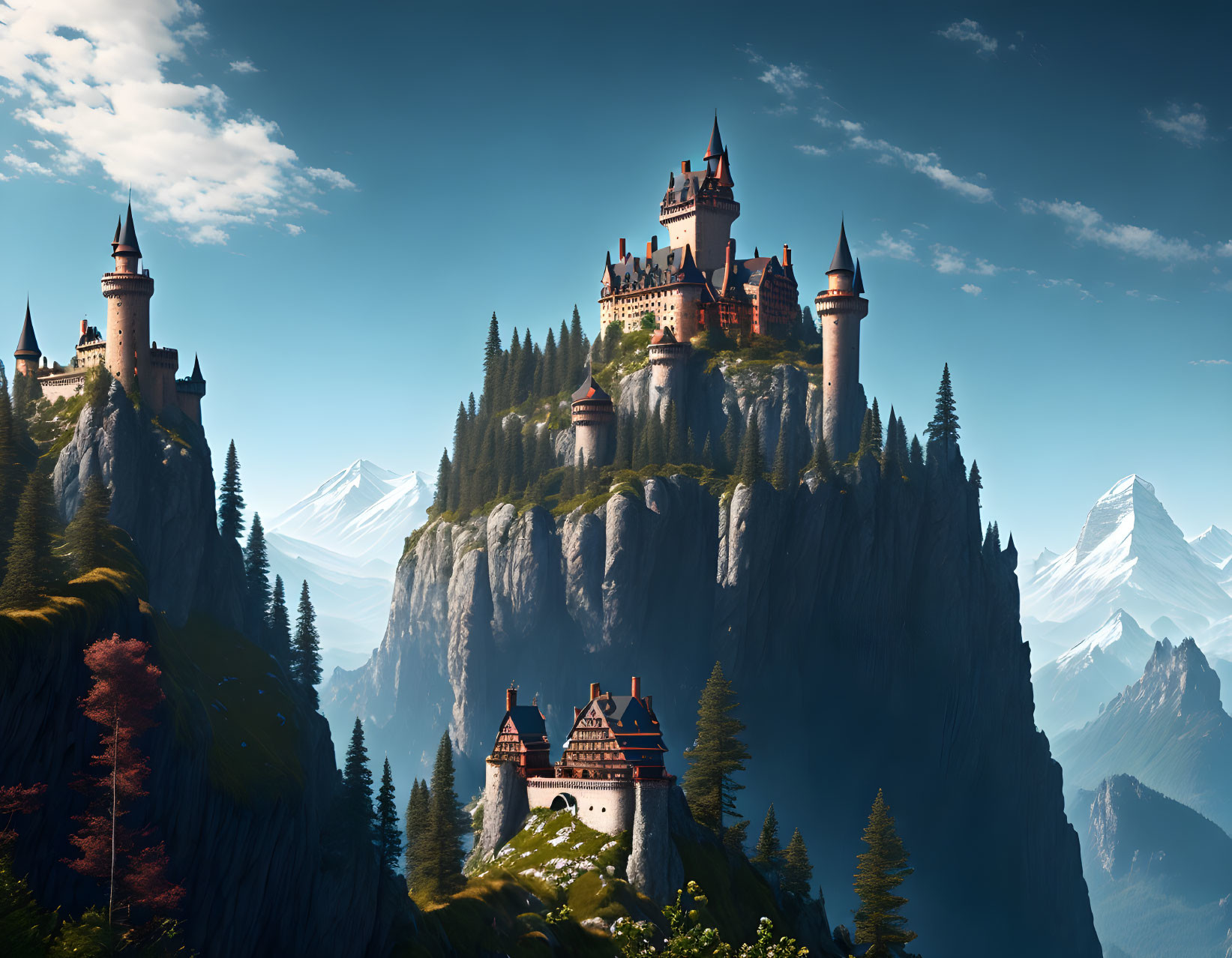 Fairy Tale Castles on Steep Cliffs with Snowy Peaks