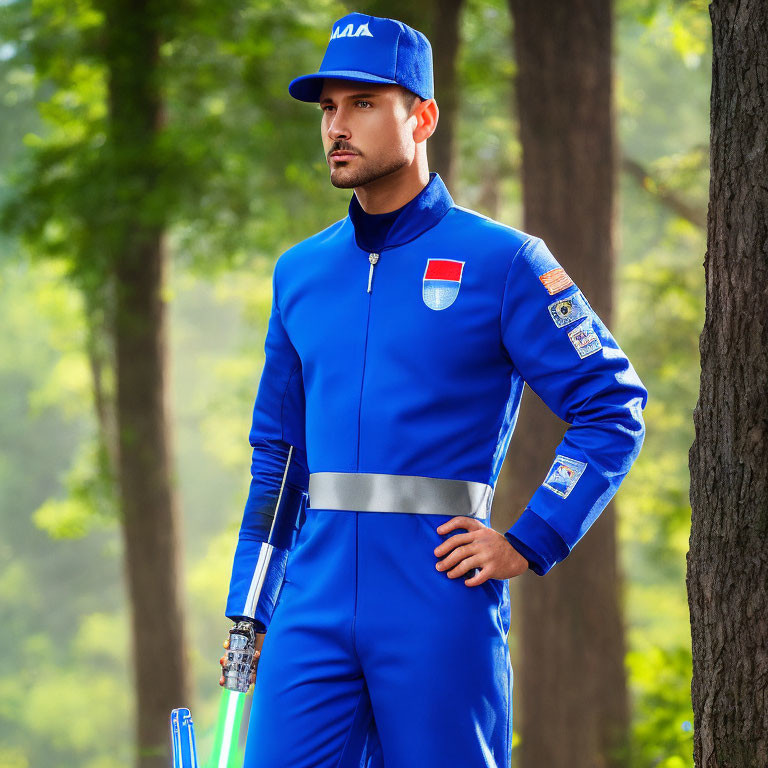 Person in blue space jumpsuit with silver belt holds green lightsaber in forest