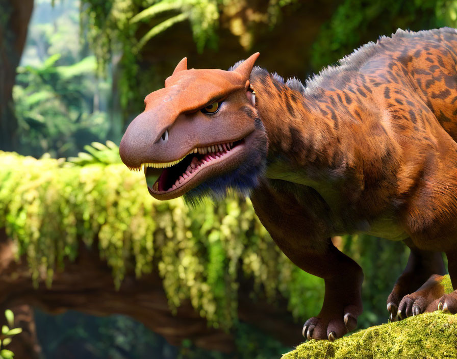 Realistic 3D animation of orange-brown Tyrannosaurus Rex in lush forest