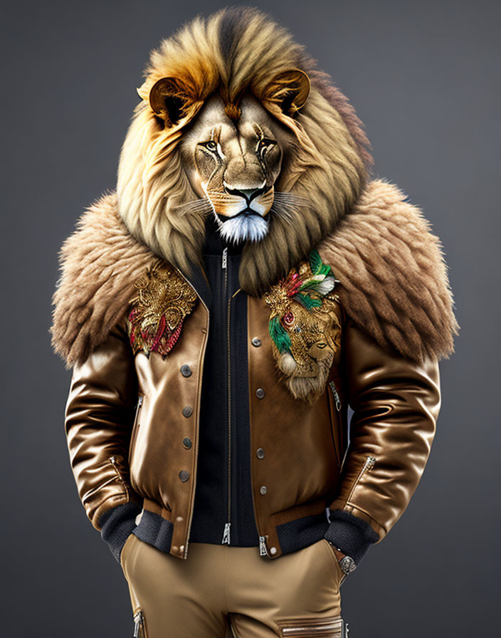 Stylized lion portrait with human body in trendy bomber jacket