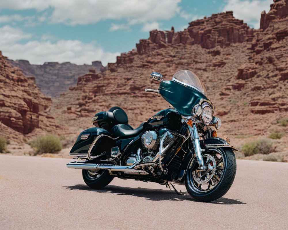 Black Touring Motorcycle with Chrome Details on Desert Road