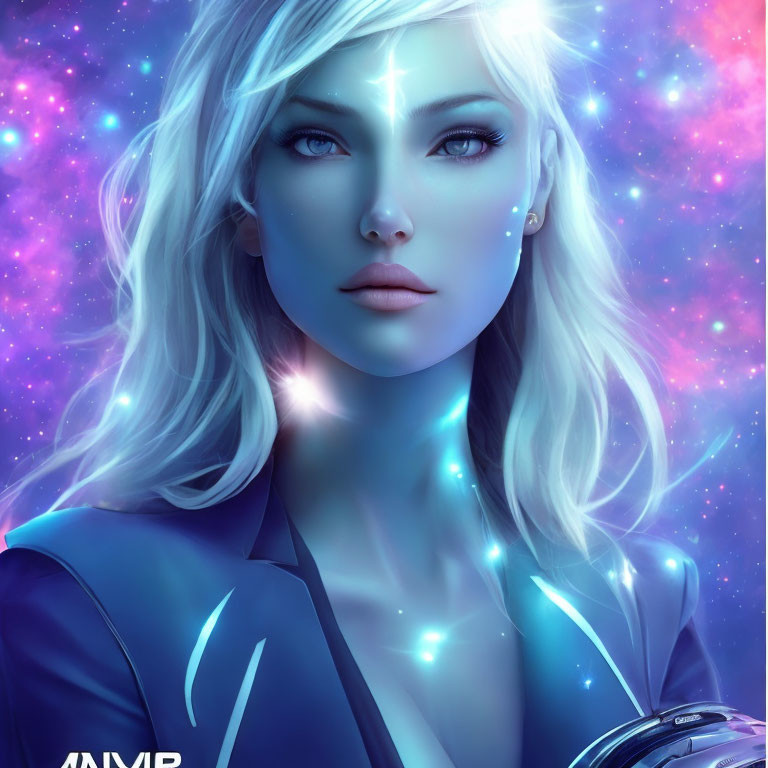 Portrait of a Woman with Platinum Blonde Hair and Constellation Background