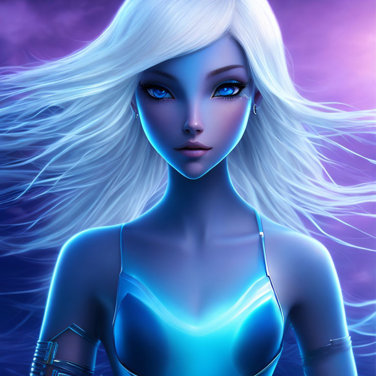 Digital artwork of pale-skinned female with white hair, blue eyes, iridescent clothing on purple