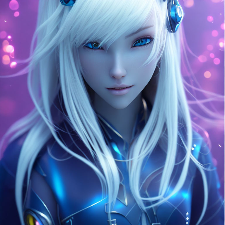 Anime-style character with blue eyes, white hair, futuristic headphones, on purple bokeh background