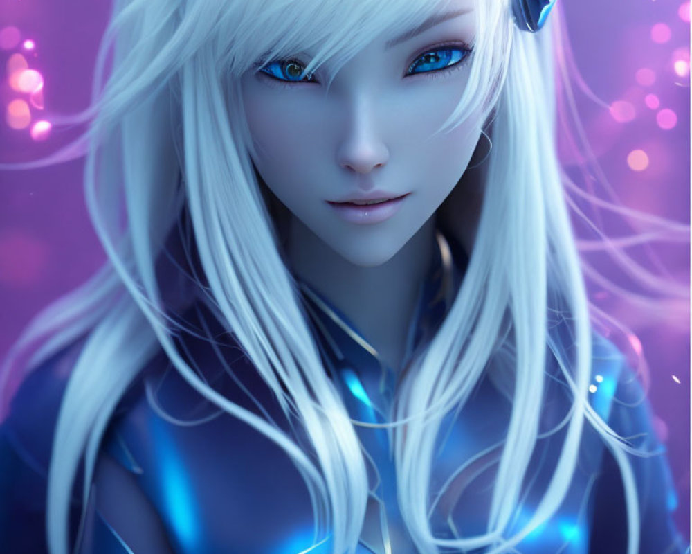 Anime-style character with blue eyes, white hair, futuristic headphones, on purple bokeh background