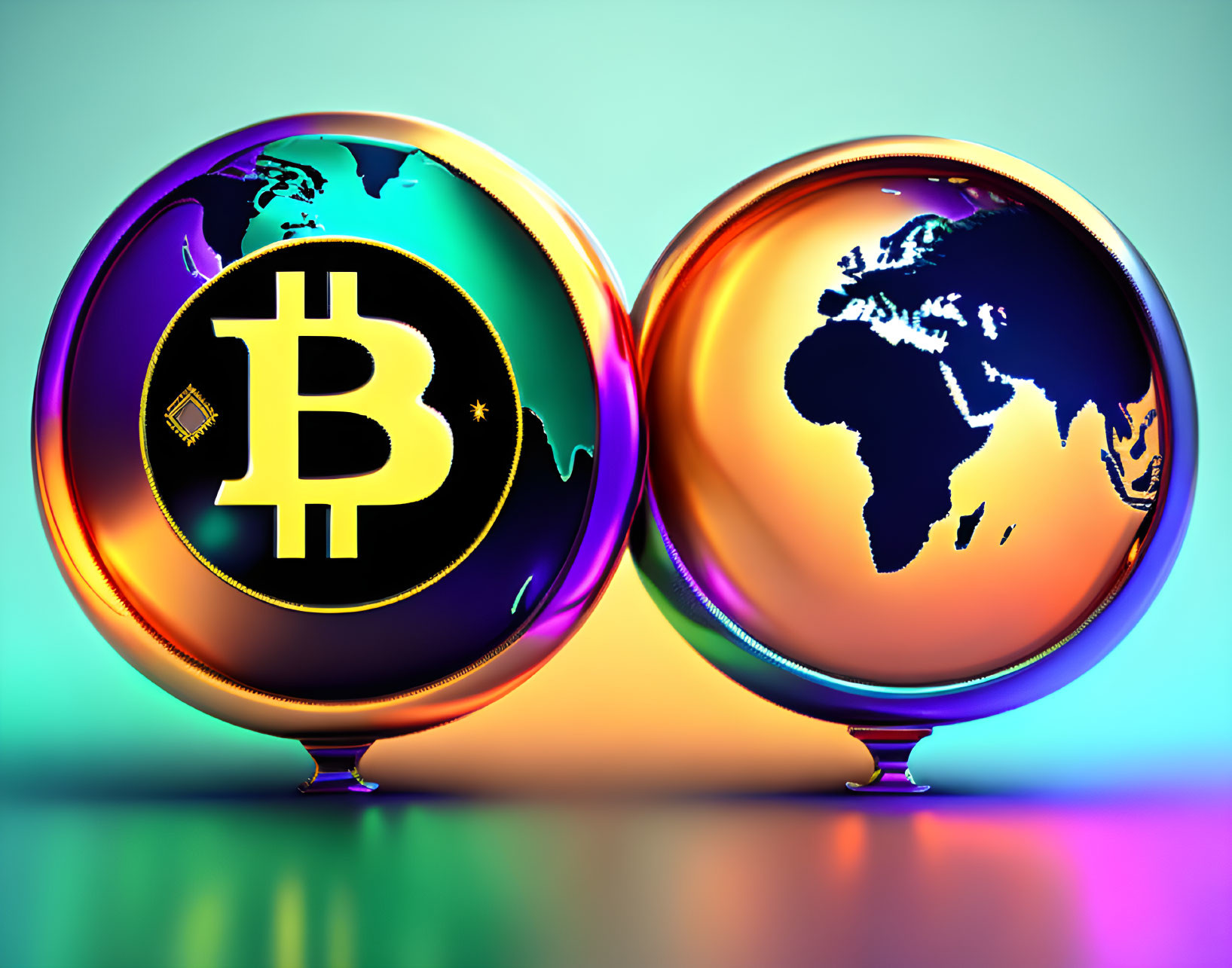 Spherical globes with world maps and Bitcoin symbol on gradient background