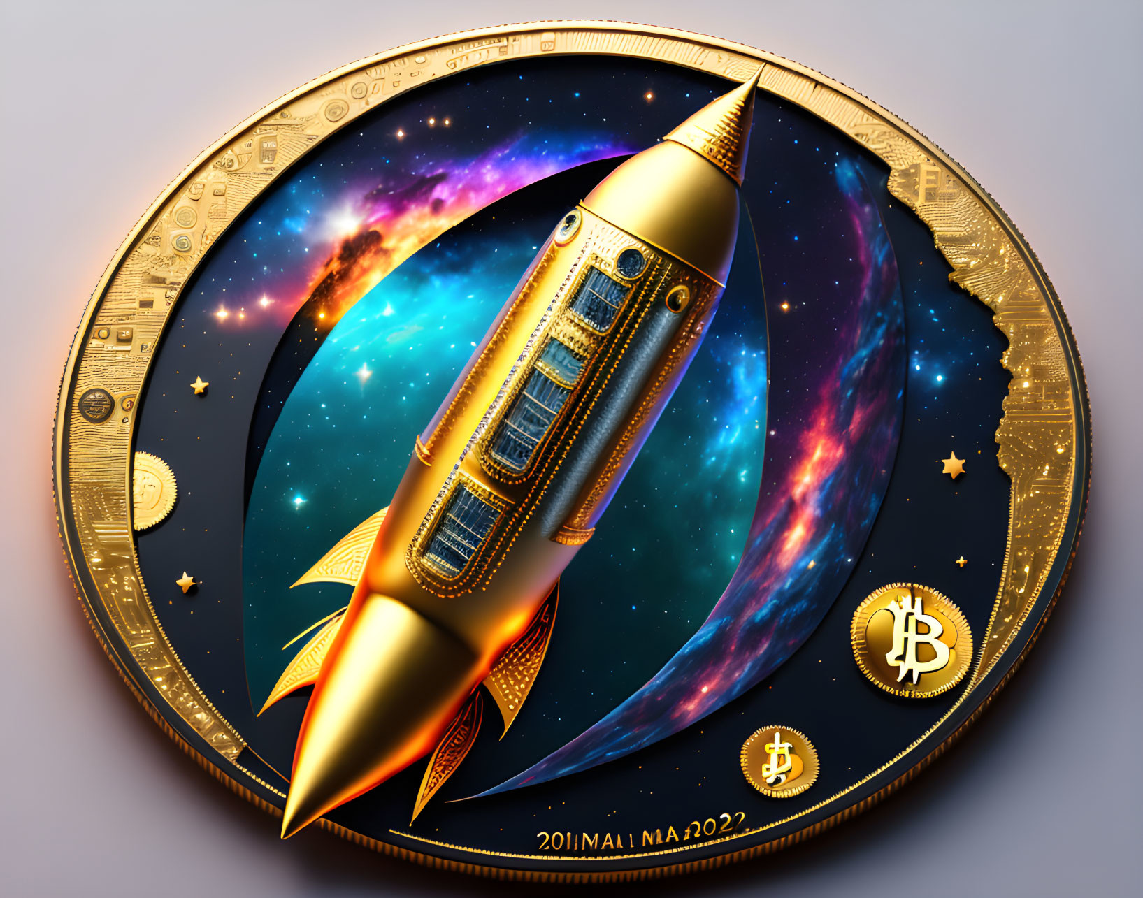 Colorful Bitcoin coin with rocket in space nebula