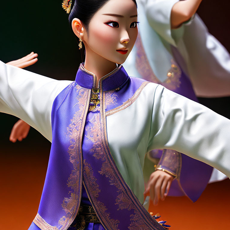 Detailed Asian woman figurine in purple and gold traditional attire dancing.