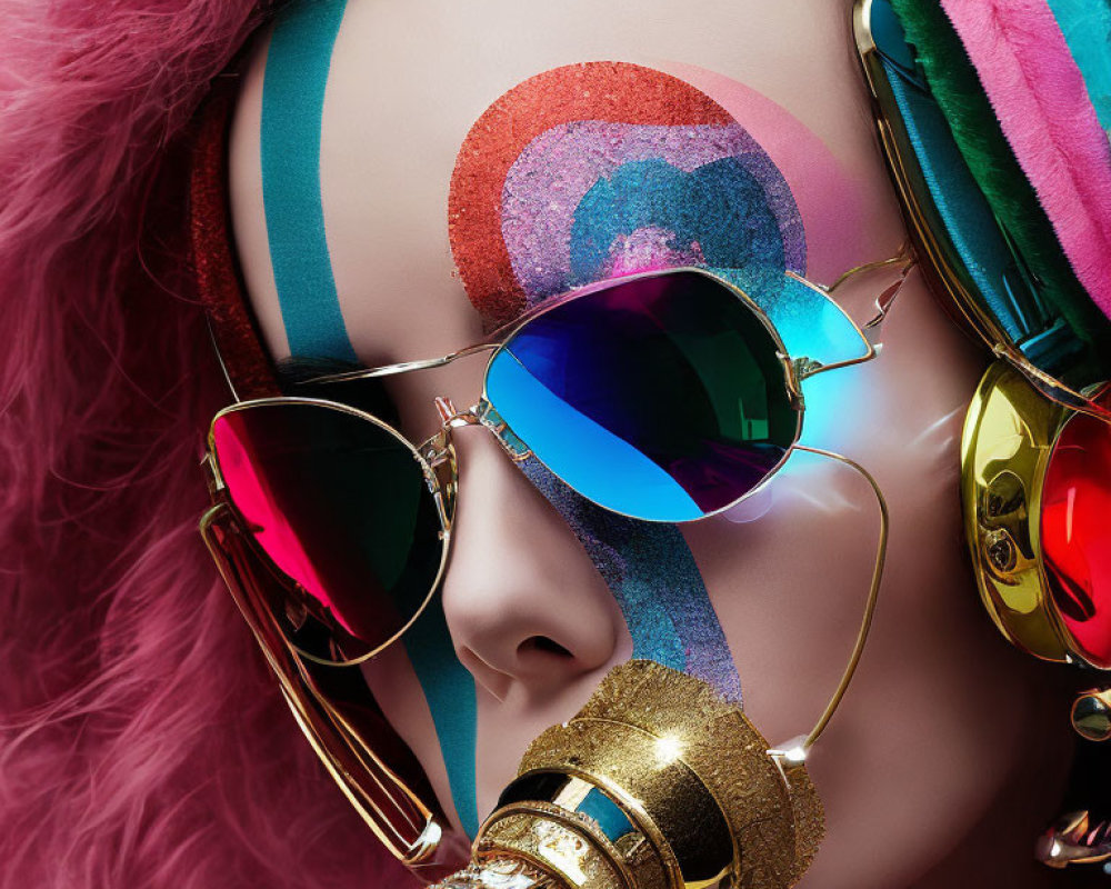 Vibrant portrait of woman with rainbow makeup and aviator sunglasses