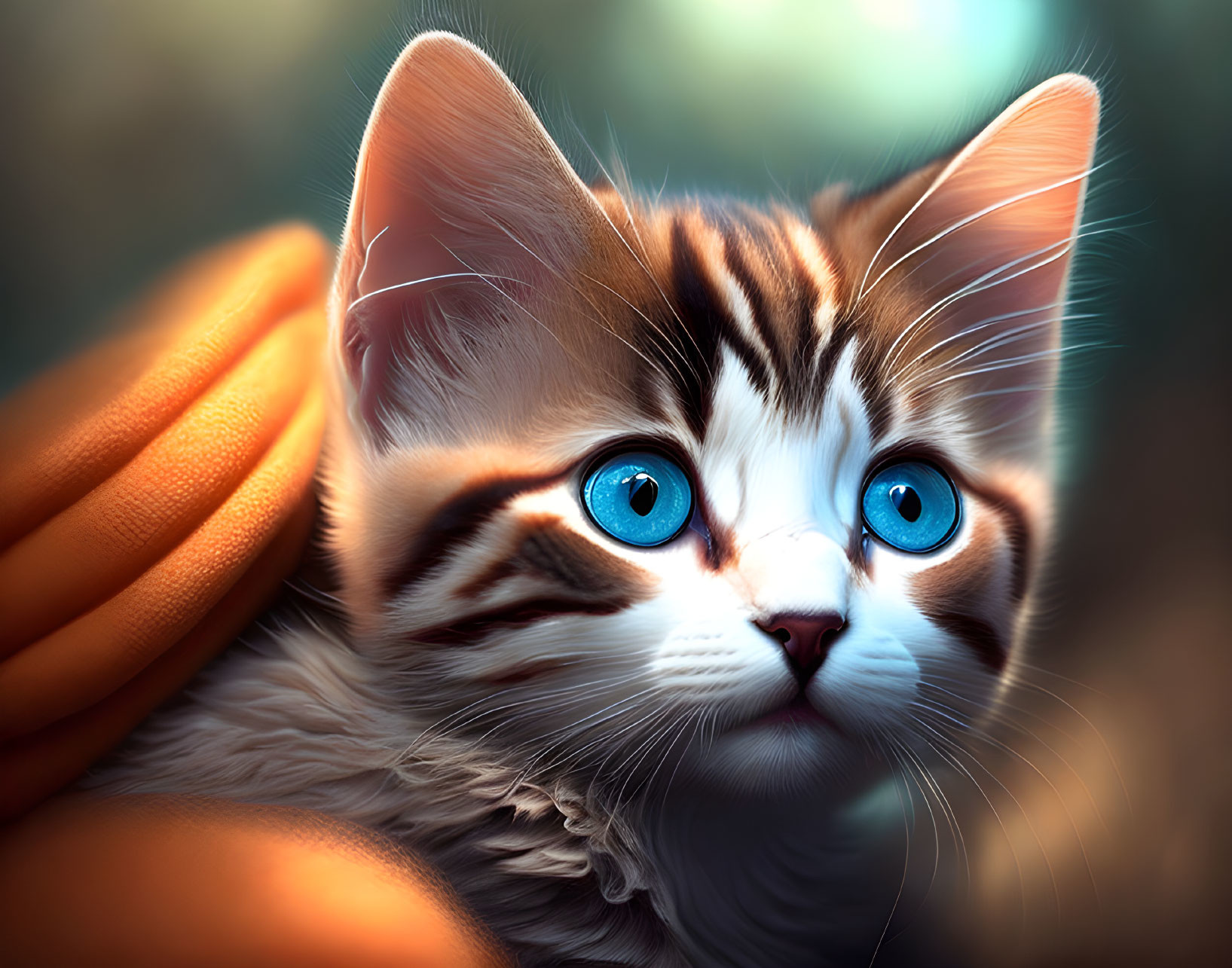 Brown and White Kitten with Blue Eyes Snuggled on Orange Fabric