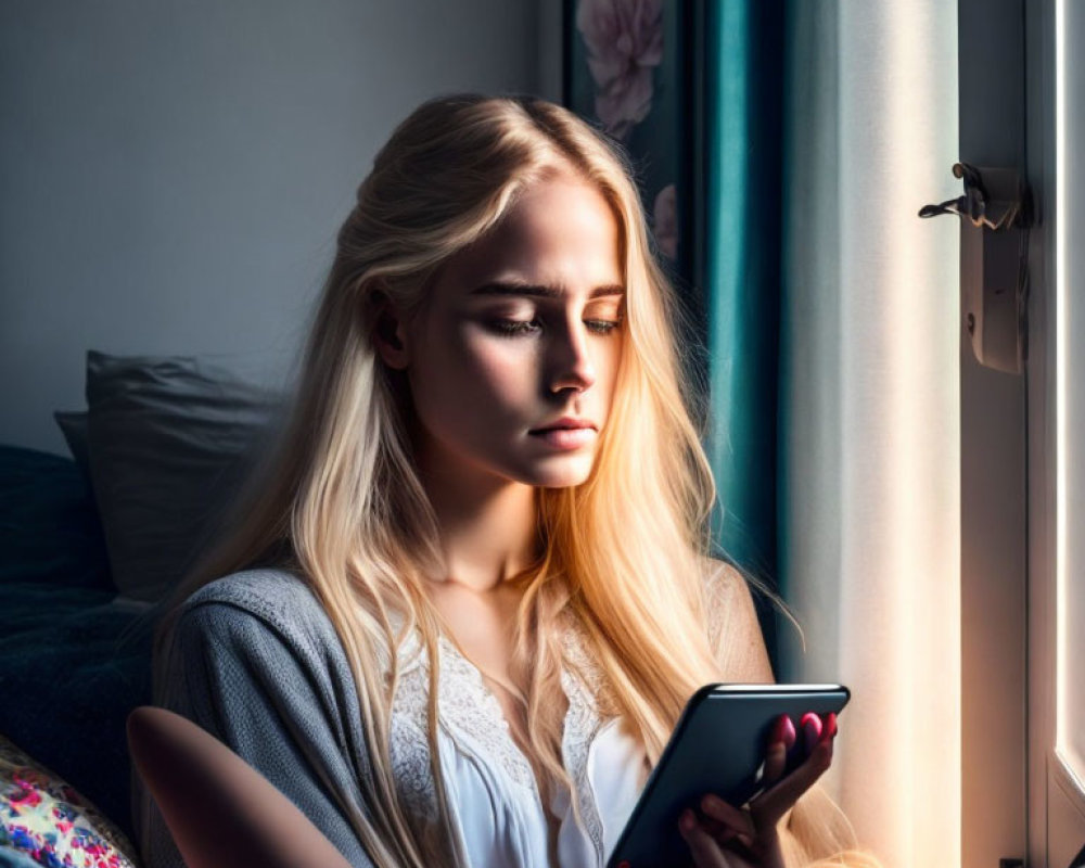 Blonde woman looking at smartphone by window with sunlight.