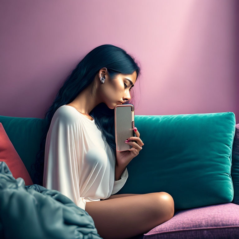 Woman in white outfit on teal pillow gazes at smartphone on pink background