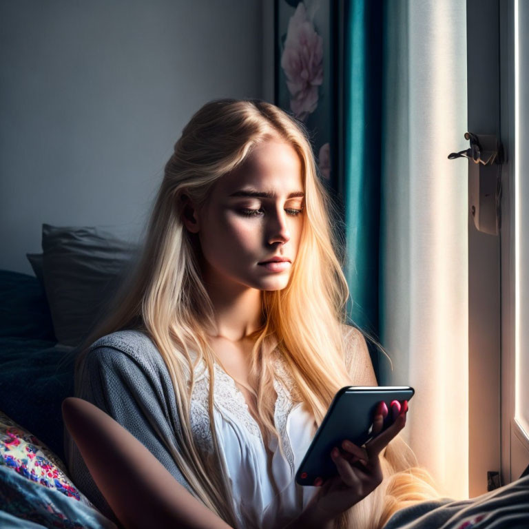 Blonde woman looking at smartphone by window with sunlight.