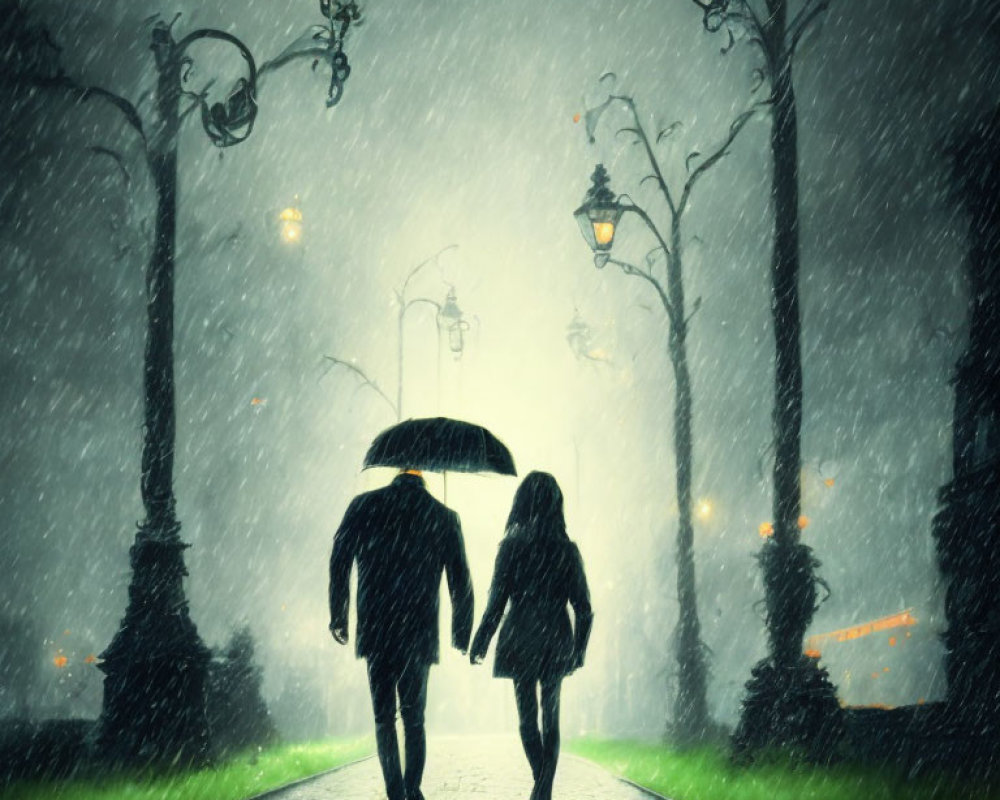 Couple under umbrella on rainy night with street lamps and trees