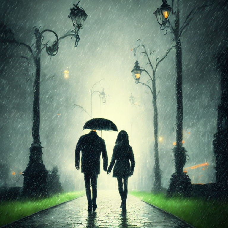 Couple under umbrella on rainy night with street lamps and trees