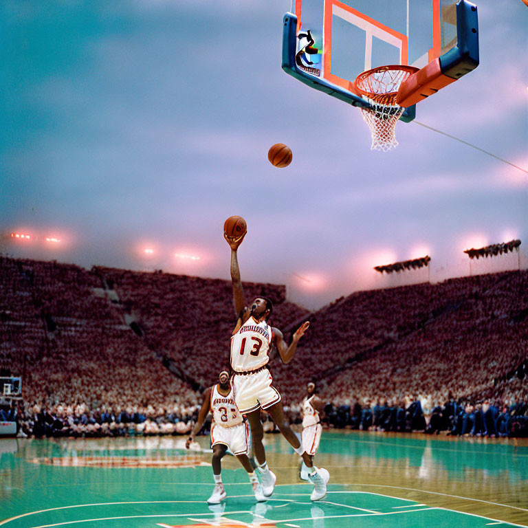 Basketball player in white and red uniform number 33 attempts layup in packed arena