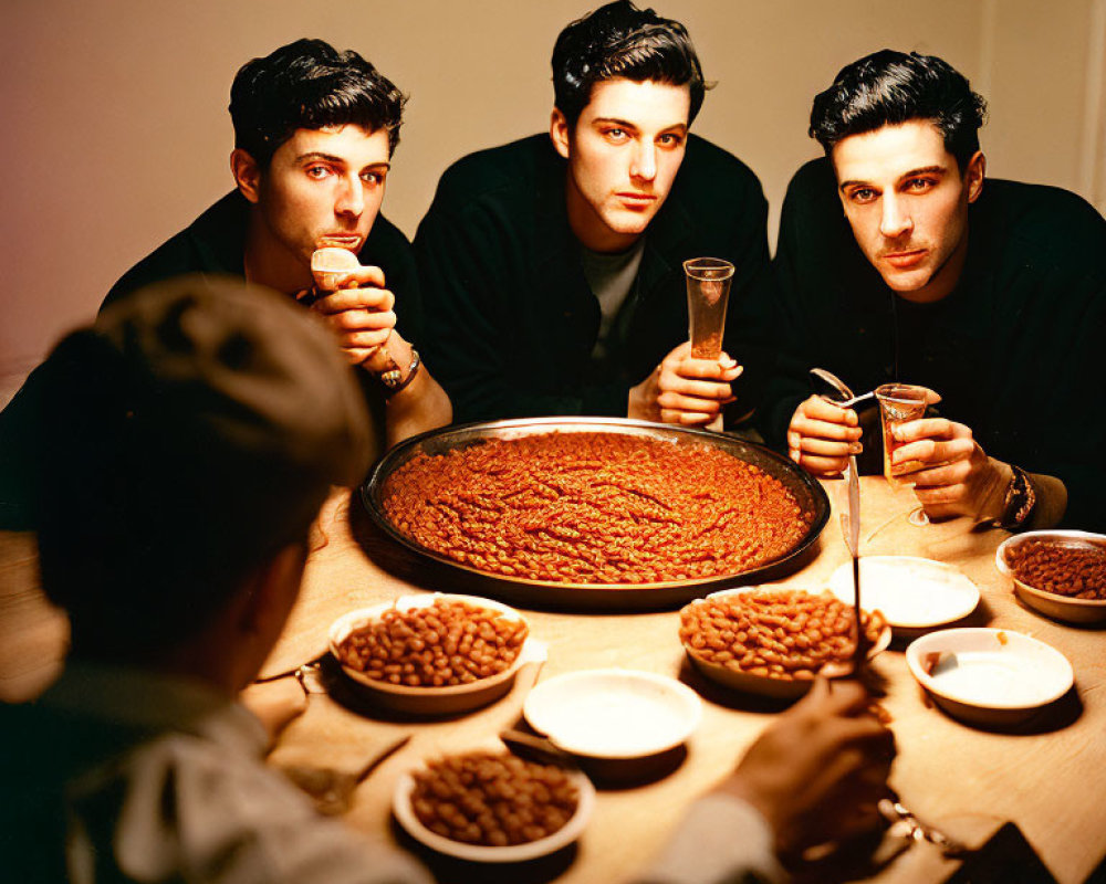 Three people with slicked-back hair at table with pizza and drinks