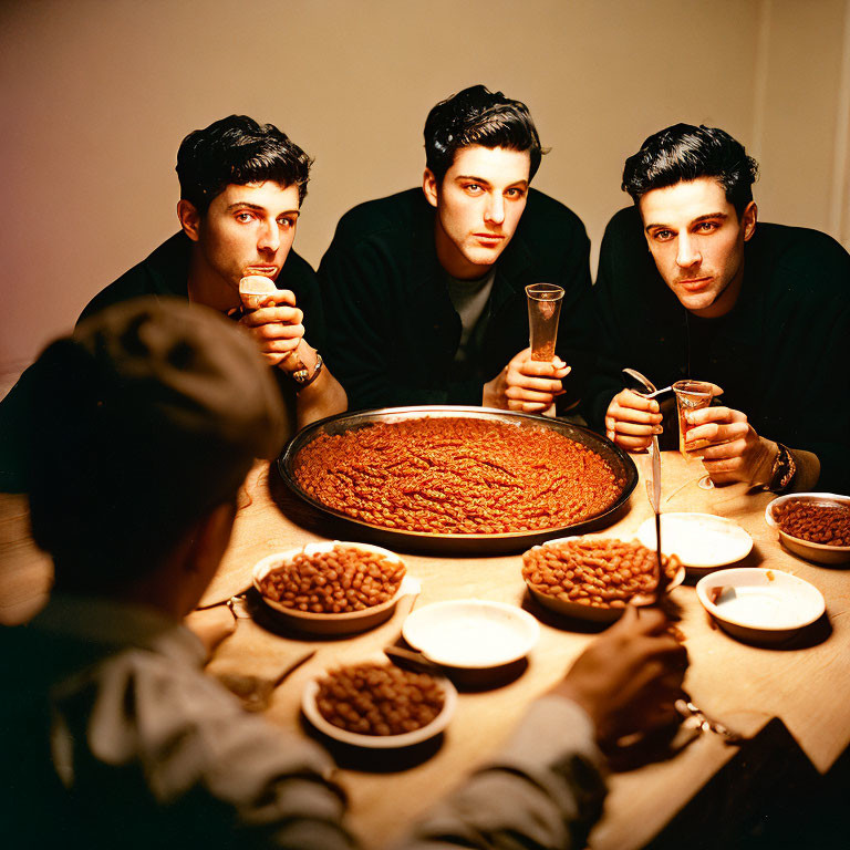 Three people with slicked-back hair at table with pizza and drinks