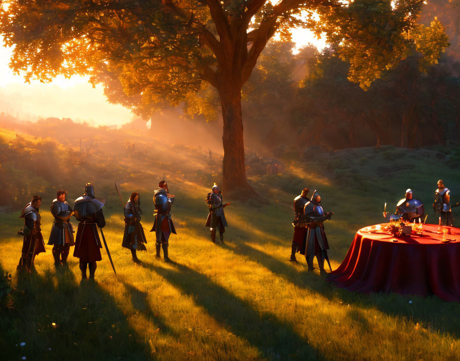 Medieval soldiers in sunlit forest clearing with table preparing for event