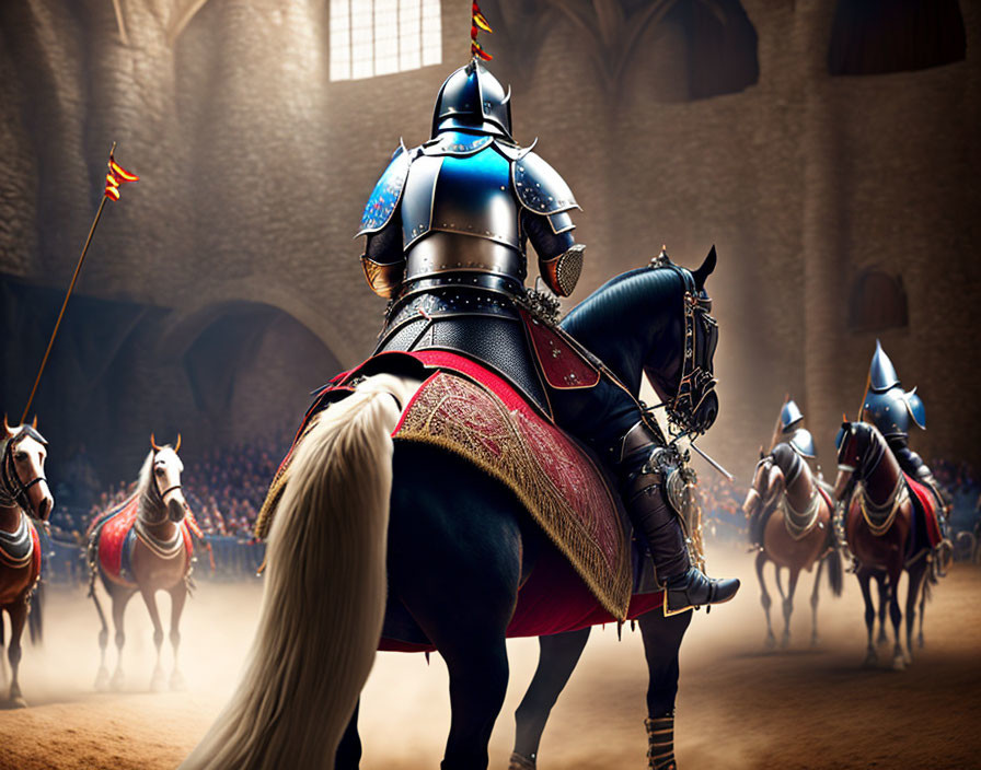 Knight in Shining Armor on Black Horse in Medieval Castle Courtyard