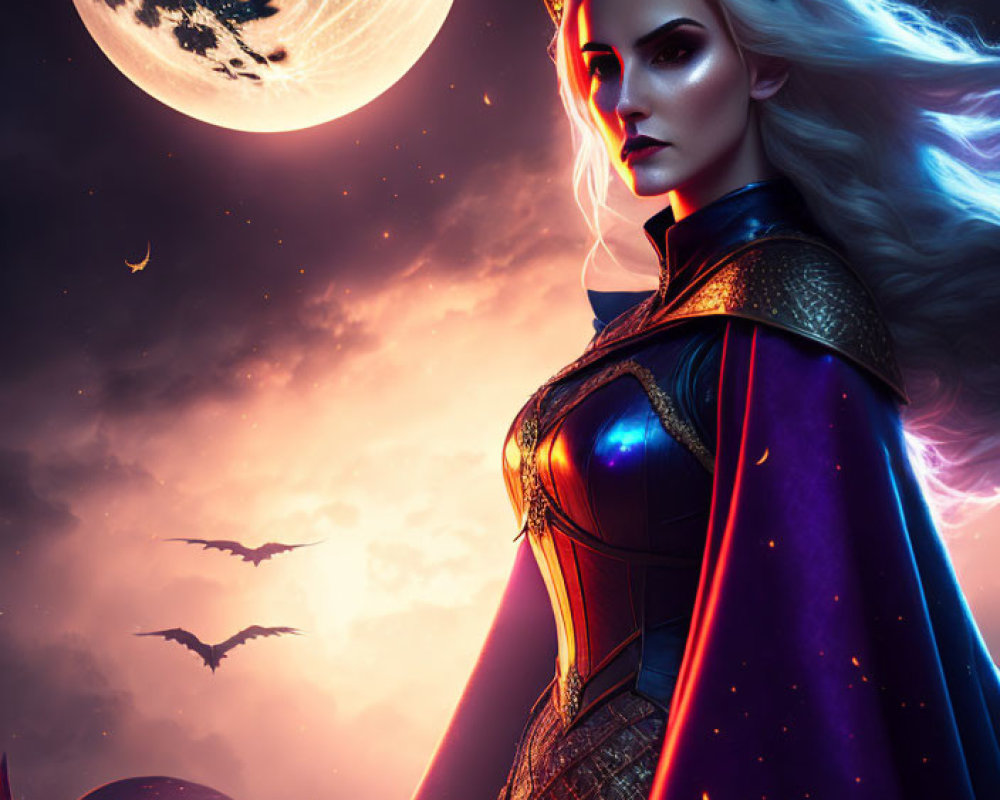 White-Haired Female Fantasy Character with Horns in Cosmic Moonlit Scene