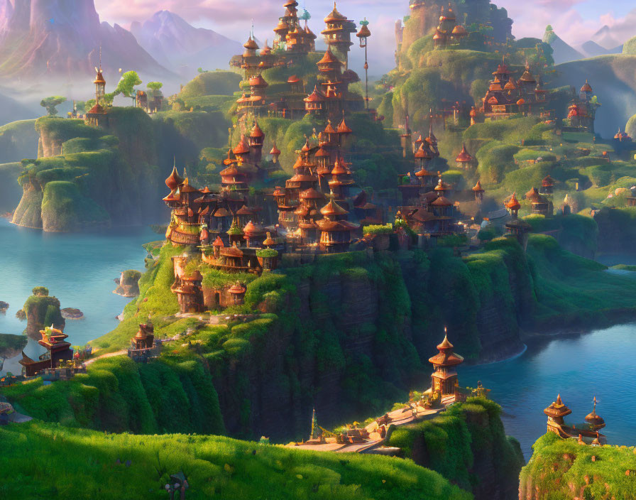 Fantastical landscape with pagoda-style buildings on lush cliffs