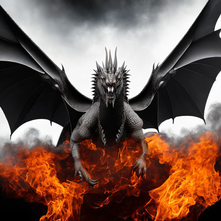 Black Dragon with Outstretched Wings in Roaring Flames and Stormy Sky