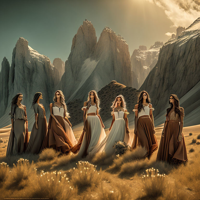 Identical Women in White and Brown Dresses in Golden Field with Mountains