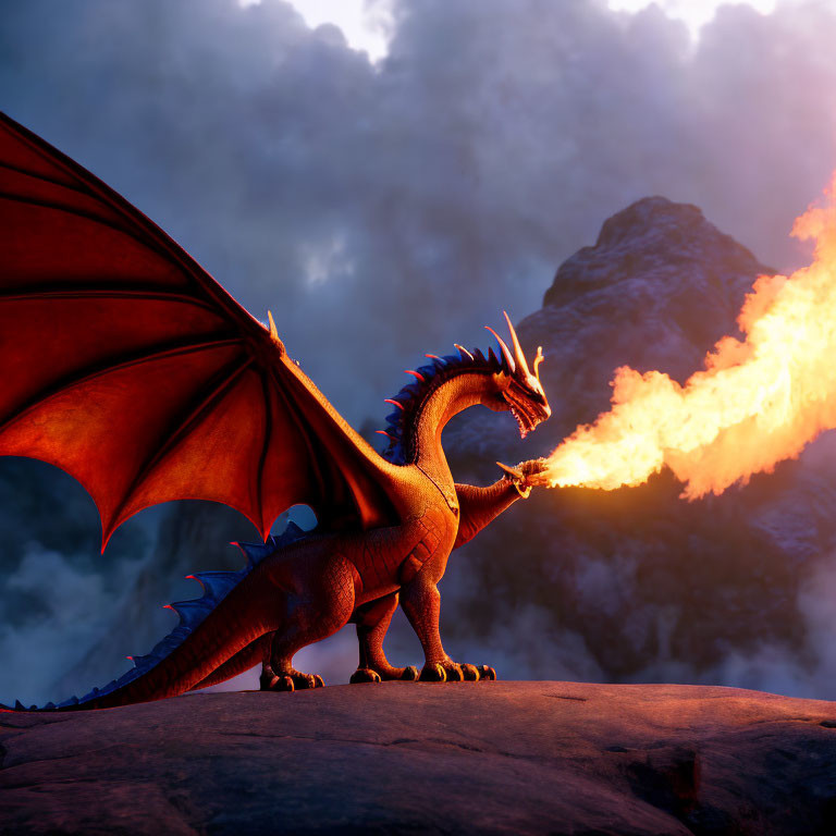 Fiery red dragon breathing fire on rocky cliff at dusk