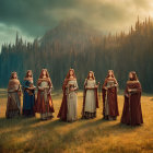 Identical Women in White and Brown Dresses in Golden Field with Mountains