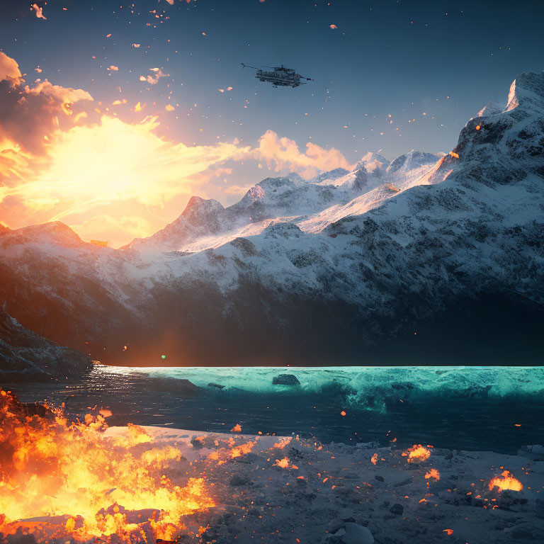 Helicopter flying over snowy peaks, glowing sunset, fiery shoreline, icy lake, vivid sky