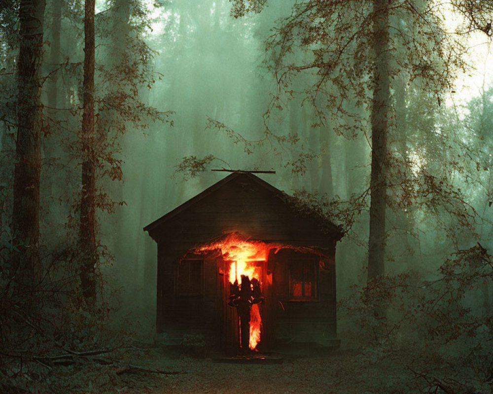 Misty forest cabin with glowing orange light in doorway